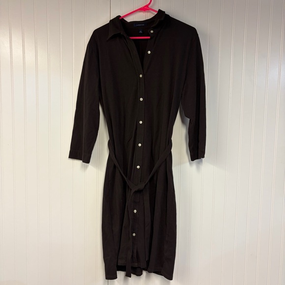 Lands' End Dresses & Skirts - Lands End Brown Button-Up Dress Long Sleeve Tie Waist Large